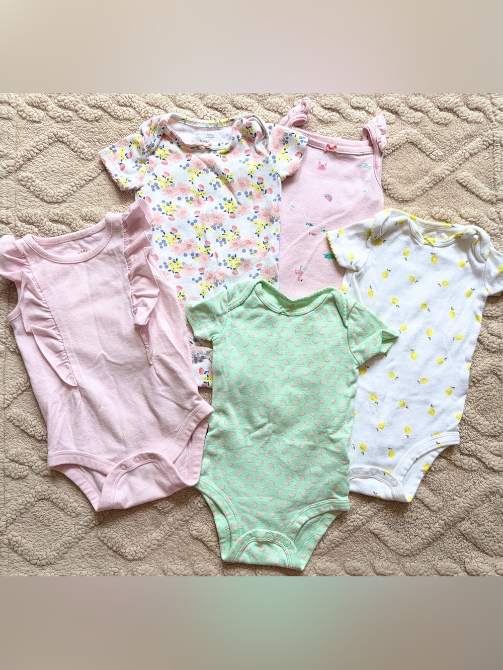 Baby Girl 3-6M Bodysuit Bundle - Pink Ruffle & Fruit One Piece Tops, Lot Of 5